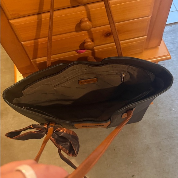 Montana West Brown and Tan Two-Tone Tote with Bow Scarf Accent - Picture 4 of 5